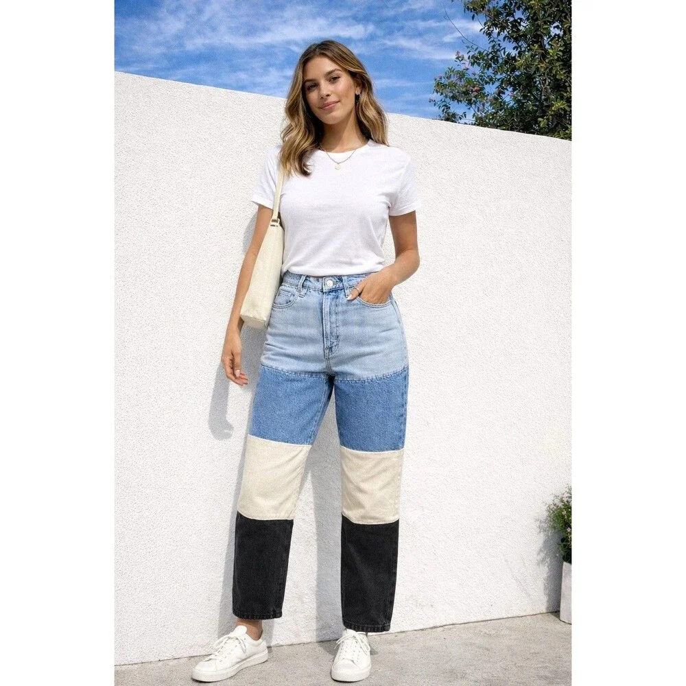 Blank NYC Colorblock Patchwork Denim Jeans High Rise Straight Leg Womens 28